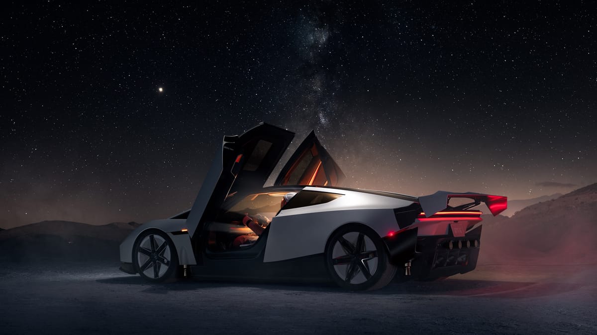 Tesla Roadster с поднятыми дверями под ночным небом