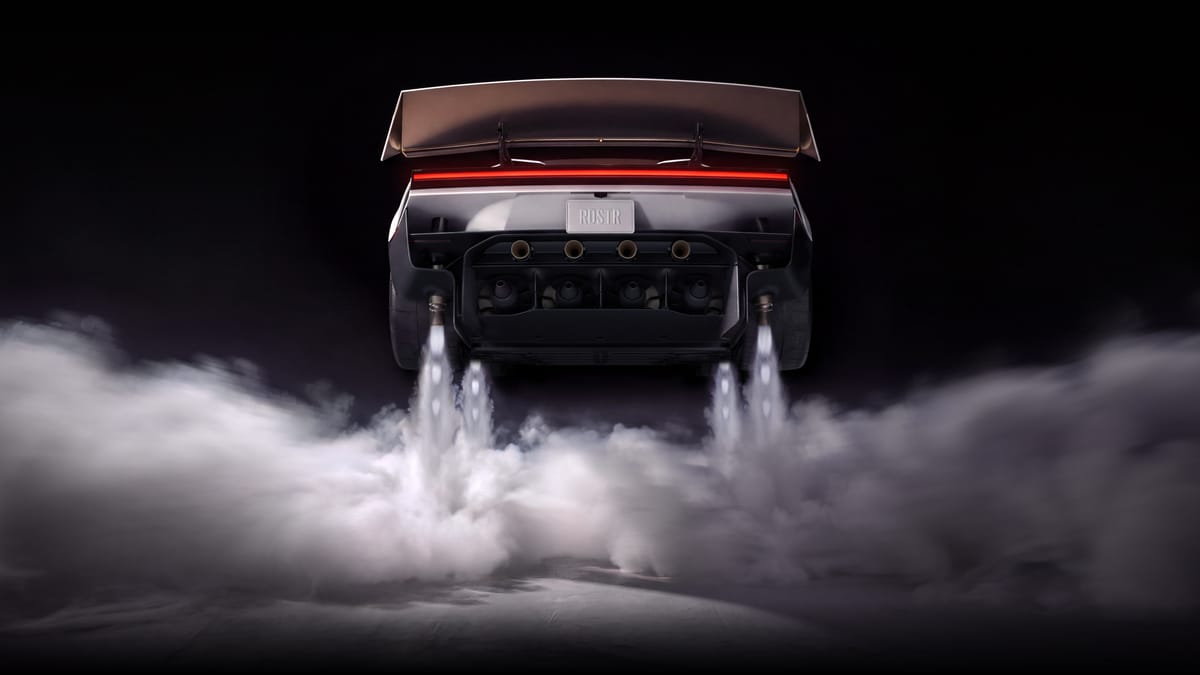 Tesla Roadster сзади, из-под кормы бьют струи газа